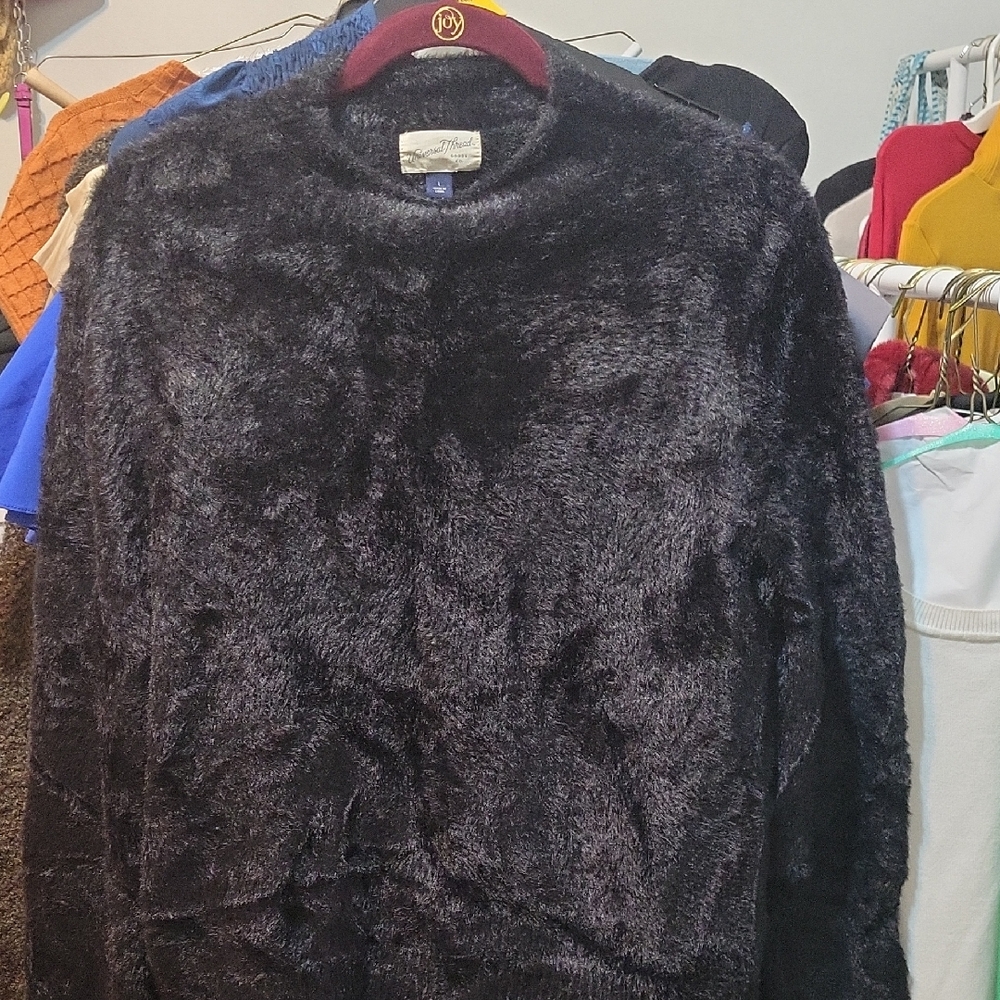 Luxurious Black Fuzzy Crewneck Sweater